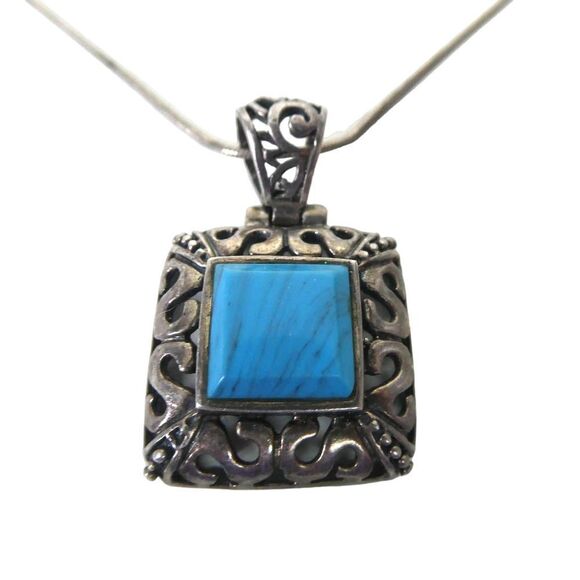 Sterling Silver Square Turquoise Tone Filigree Pendant Round Chain Necklace 925 - Picture 1 of 11